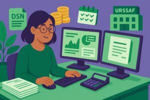 Illustration cartoon 16:9 aux tons vert et violet : une gestionnaire de paie travaille à son bureau sur deux écrans avec calculatrice et dossiers, entourée d’icônes (DSN, calendrier, pièces, bâtiment URSSAF) — visuel pour un article sur le titre professionnel gestionnaire de paie.