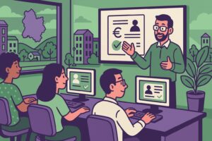 Illustration cartoon d'une formation Silae Allier avec un formateur expliquant un logiciel de paie à des professionnels RH dans un bureau moderne.