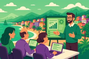 Illustration cartoon représentant une formation Silae Alpes-Maritimes, avec un formateur et des apprenants travaillant sur ordinateur, en décor littoral méditerranéen.