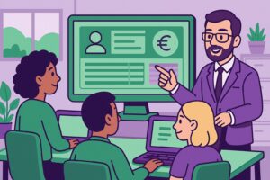 Illustration cartoon d’une formation Silae Ardennes avec un formateur expliquant le logiciel de paie à un groupe de participants dans un environnement vert et violet.