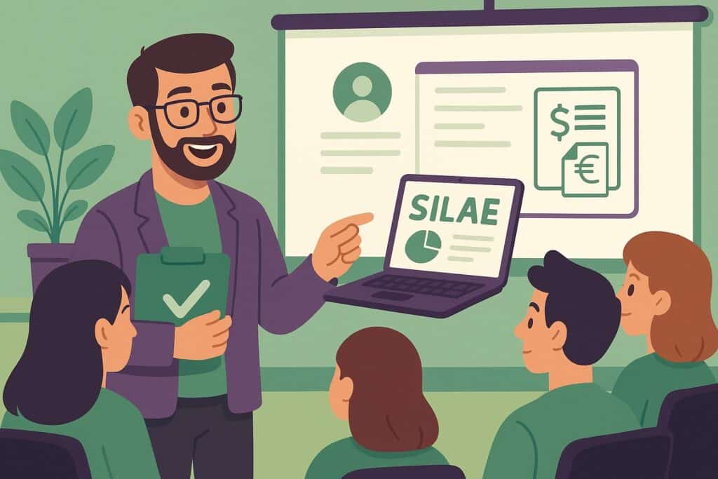 Illustration cartoon représentant une formation Silae Ariège avec un formateur expliquant le logiciel de paie à un groupe de professionnels dans un style vert et violet.
