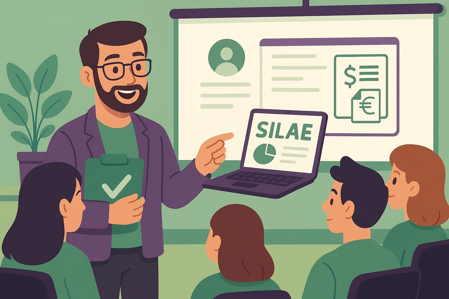 Illustration cartoon représentant une formation Silae Ariège avec un formateur expliquant le logiciel de paie à un groupe de professionnels dans un style vert et violet.