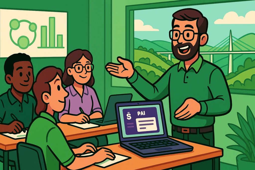 Illustration cartoon d’une formation Silae Aveyron (12) montrant un formateur expliquant le logiciel de paie à plusieurs participants dans une salle de formation.