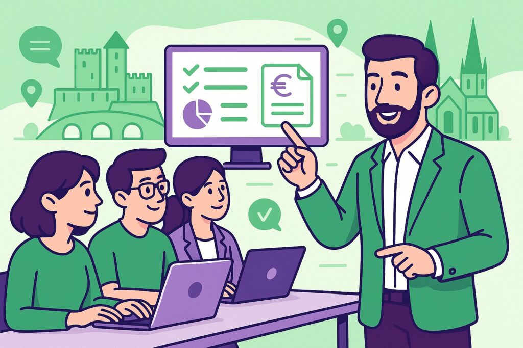 Illustration cartoon en vert et violet représentant la formation Silae Calvados (14), avec un univers visuel évoquant la paie, les ressources humaines et l’accompagnement professionnel dans le département du Calvados.