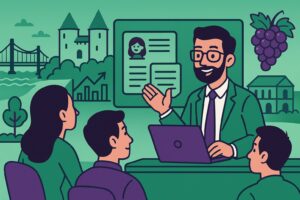 Illustration cartoon représentant une formation Silae Charente (16) avec un formateur et des professionnels en apprentissage, dans un décor inspiré de la Charente.