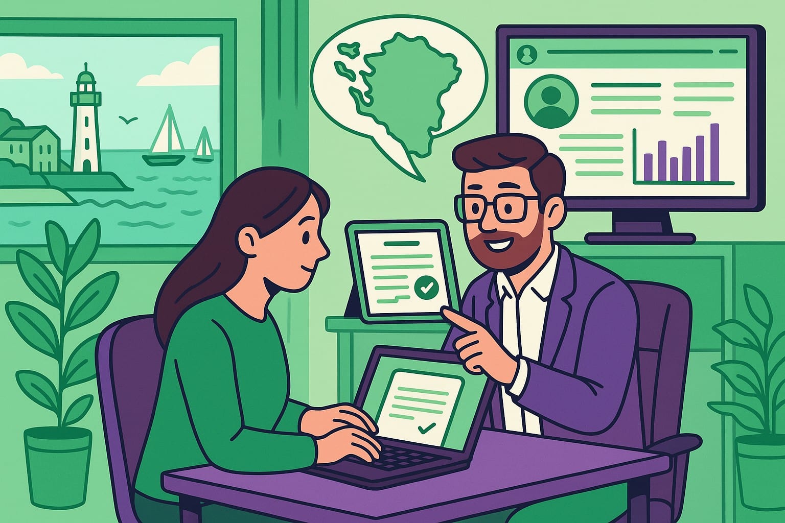 Illustration cartoon représentant une formation Silae Charente-Maritime entre un formateur et une gestionnaire de paie, avec un décor évoquant La Rochelle, Rochefort et Royan, dans des tons verts et violets.