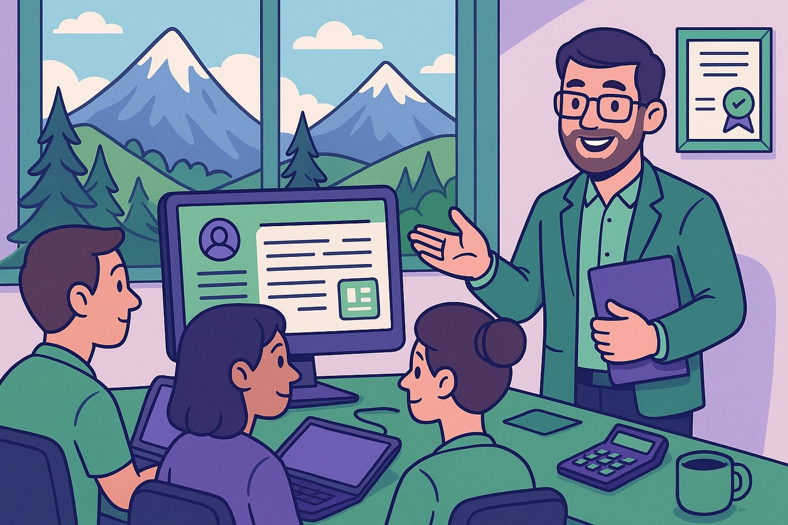 Illustration cartoon d’une formation Silae Hautes-Alpes, avec un formateur expliquant le logiciel de paie à des professionnels dans une salle de formation sur fond de montagnes alpines.