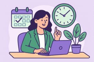 Illustration cartoon montrant une gestionnaire RH travaillant sur un ordinateur avec des éléments de calendrier et d’horloge, symbolisant le calcul des rtt 2026 pour un forfait 218 jours.