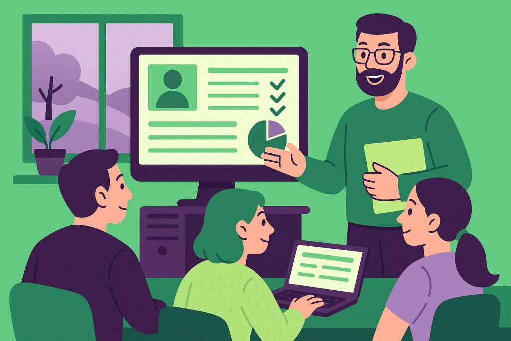 Illustration cartoon représentant une formation Silae Cher (18), avec un formateur guidant des professionnels RH et comptables autour d’un écran de paie dans une ambiance vert et violet.