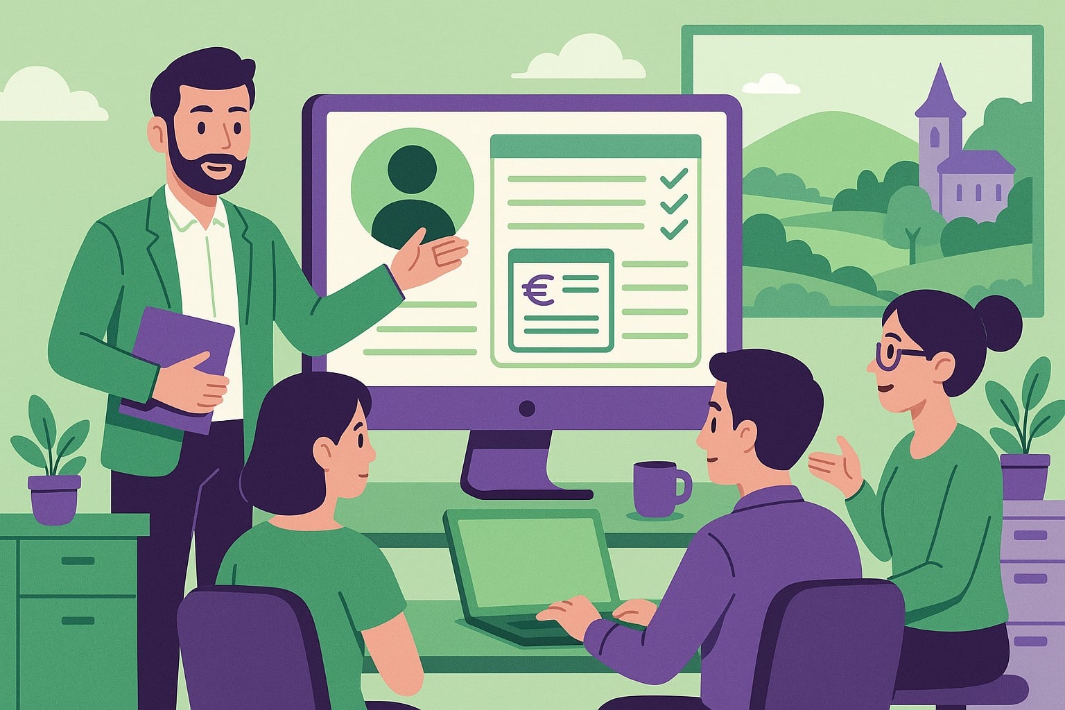 Illustration cartoon représentant une formation Silae Corrèze, avec un formateur guidant des professionnels autour d’un écran montrant un logiciel de paie dans un décor aux couleurs vert et violet.