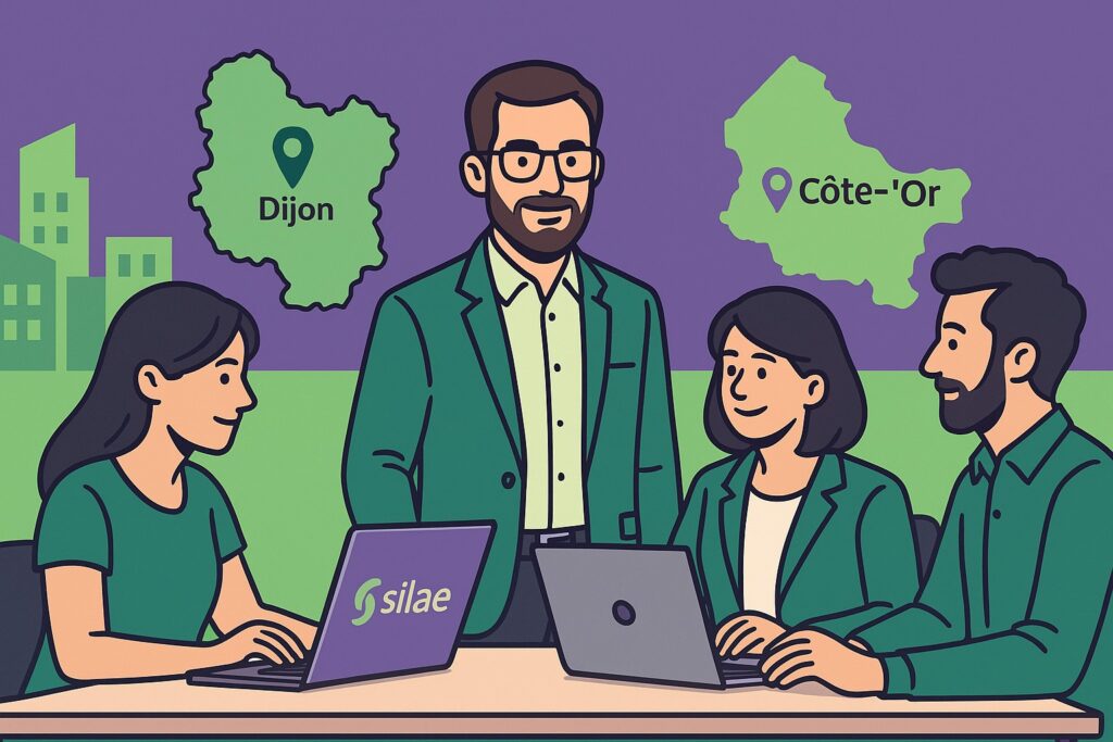 Illustration cartoon en vert et violet représentant la formation Silae Côte-d'Or avec des personnages travaillant sur un ordinateur dans un style moderne.