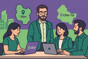 Illustration cartoon en vert et violet représentant la formation Silae Côte-d'Or avec des personnages travaillant sur un ordinateur dans un style moderne.