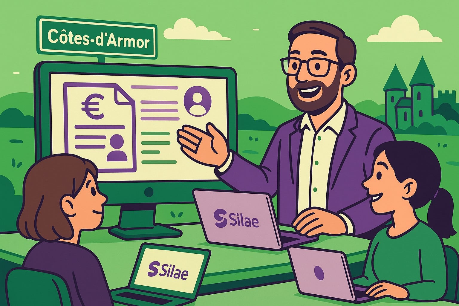 Illustration cartoon d’une formation Silae Côtes-d’Armor (22) avec un formateur expliquant le logiciel de paie à des gestionnaires autour d’ordinateurs, dans un décor vert et violet.