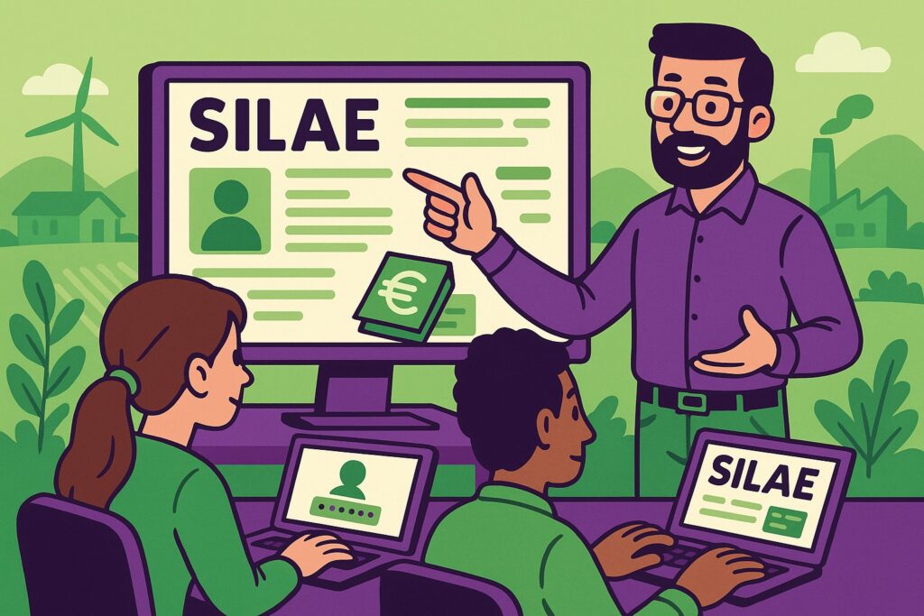 Illustration cartoon en vert et violet représentant la formation Silae Creuse (23), avec un décor évoquant la paie et le territoire creusois.