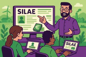 Illustration cartoon en vert et violet représentant la formation Silae Creuse (23), avec un décor évoquant la paie et le territoire creusois.