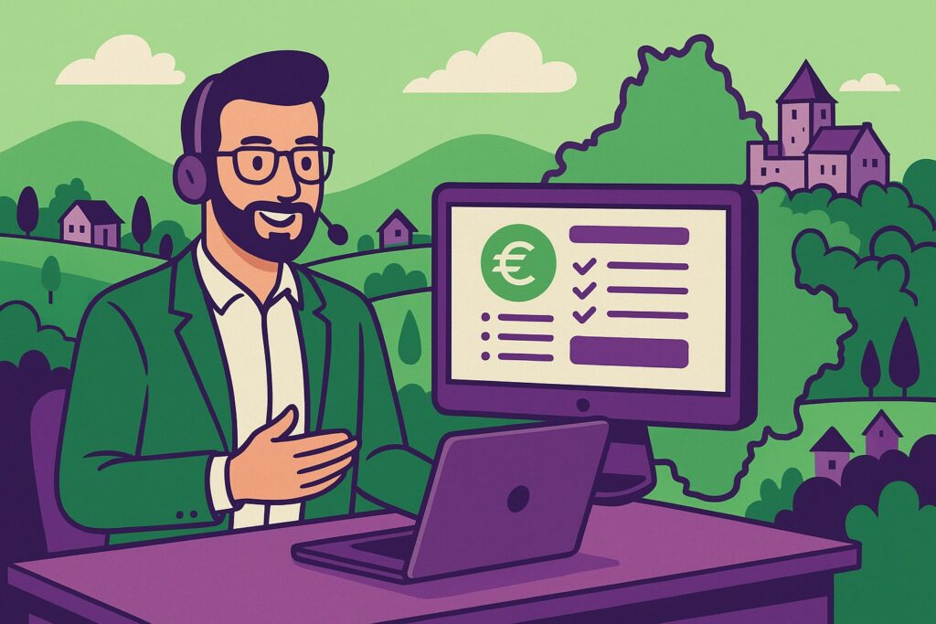 Illustration cartoon en 16:9 représentant la formation Silae Dordogne (24), avec un expert paie accompagnant des professionnels dans un environnement stylisé en vert et violet.