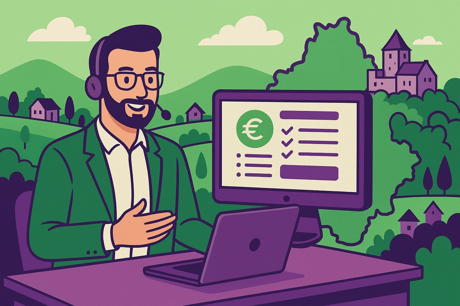 Illustration cartoon en 16:9 représentant la formation Silae Dordogne (24), avec un expert paie accompagnant des professionnels dans un environnement stylisé en vert et violet.