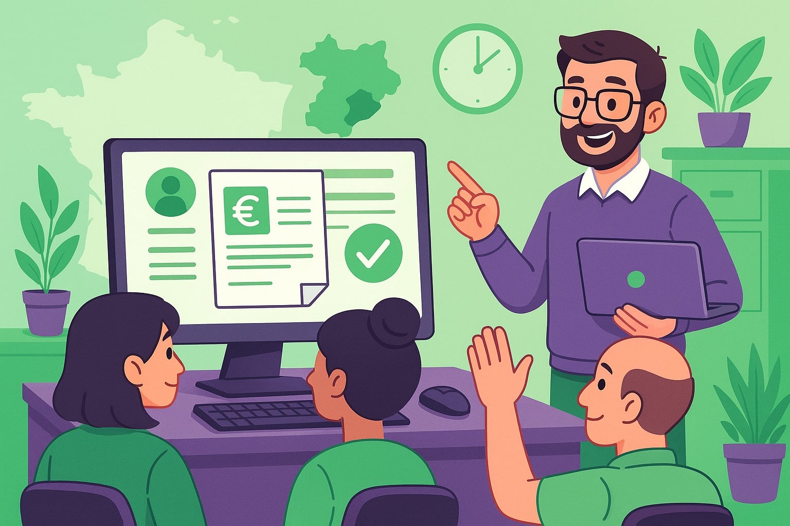 Illustration cartoon en vert et violet représentant un environnement professionnel pour la formation Silae Doubs (25).