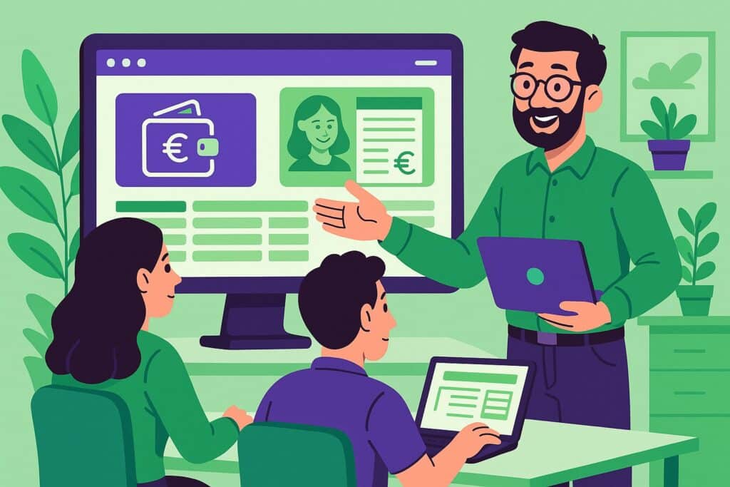 Illustration cartoon en vert et violet représentant la formation Silae Eure (27), symbolisant l’apprentissage du logiciel de paie dans le département.