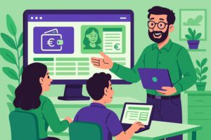 Illustration cartoon en vert et violet représentant la formation Silae Eure (27), symbolisant l’apprentissage du logiciel de paie dans le département.