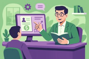 Illustration cartoon d’un formateur accompagnant un apprenant sur un logiciel de paie, couleurs vert et violet – formation Silae Eure-et-Loir (28).