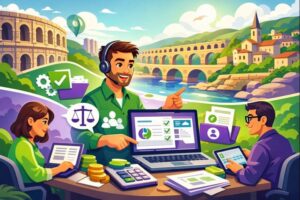 Illustration en style cartoon représentant une formation Silae Gard (30) pour la gestion de la paie, avec des professionnels accompagnés par un expert certifié dans le département du Gard.