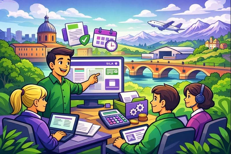 Illustration cartoon d’une formation Silae Haute-Garonne (31) avec un formateur et des apprenants, sur fond de Toulouse et paysages locaux.