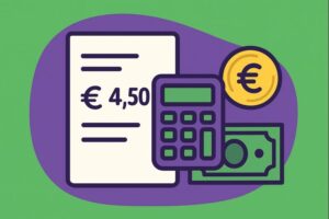 Illustration en mode cartoon aux couleurs vert et violet représentant des éléments de paie et de calcul financier (document, calculatrice, pièces et billets), symbolisant la gratification des stagiaires 2026 et son indexation sur le plafond horaire de la Sécurité sociale.