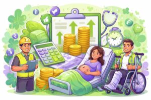 Illustration cartoon vert et violet sur le montant maximal des IJSS en 2026 : maladie, maternité/paternité et accident du travail.