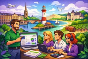 Illustration cartoon en vert et violet représentant une formation Silae Gironde (33) avec un formateur et des apprenants, sur fond de Bordeaux, Arcachon et Libourne.