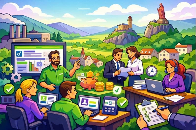 Illustration cartoon d’une formation Silae Haute-Loire (43) pour gestionnaires de paie et services RH, dans un contexte professionnel local.