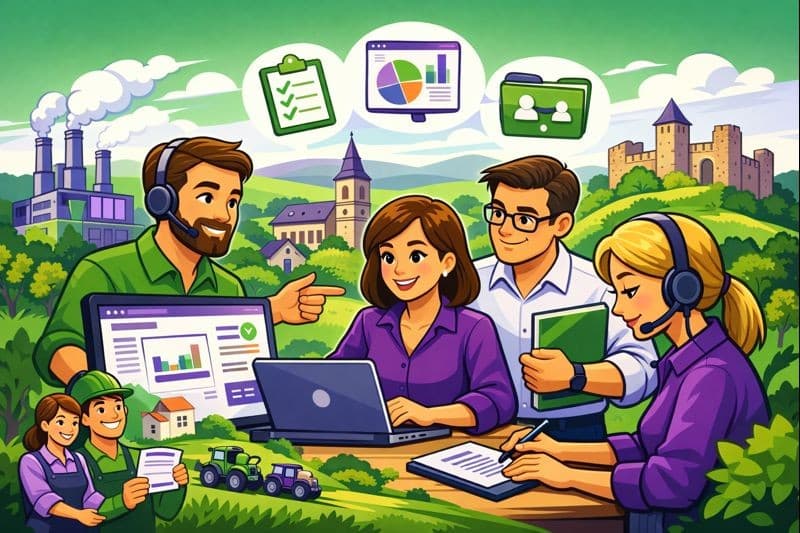 Formation Silae Haute-Marne (52) illustrée par une scène cartoon de professionnels de la paie en formation sur le logiciel Silae, dans un environnement local.