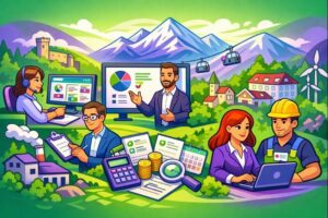 Illustration cartoon d’une formation Silae Hautes-Pyrénées (65) dédiée aux gestionnaires de paie et services RH, dans un environnement professionnel local
