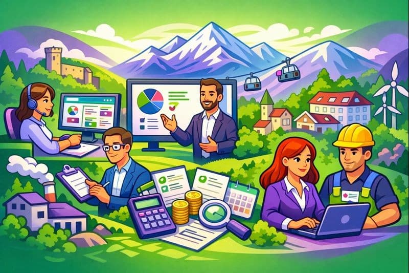 Illustration cartoon d’une formation Silae Hautes-Pyrénées (65) dédiée aux gestionnaires de paie et services RH, dans un environnement professionnel local