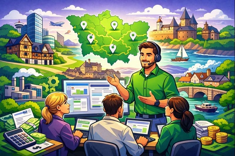 Illustration en style cartoon d’une formation Silae Ille-et-Vilaine (35), avec un formateur expert accompagnant des professionnels de la paie sur le logiciel Silae dans un contexte économique breton.