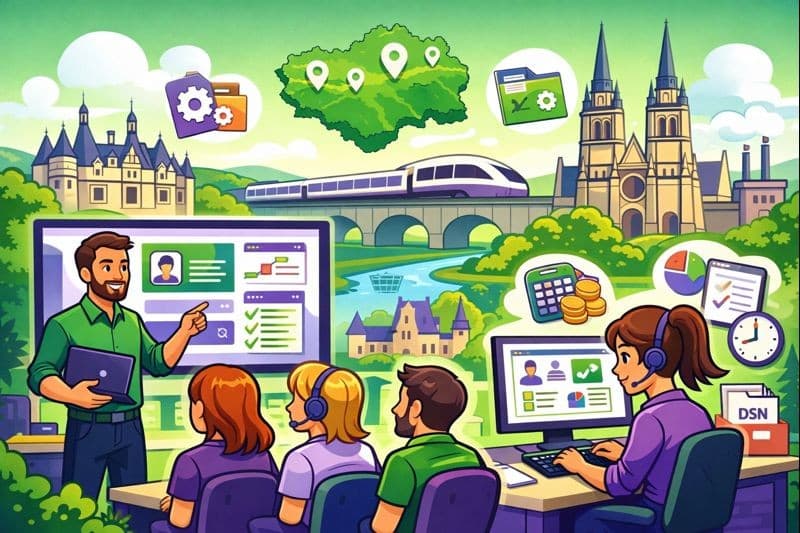 Illustration cartoon d’une formation Silae Indre-et-Loire (37) : formateur et participants en session pratique de paie, ambiance vert et violet, avec paysages et monuments locaux.