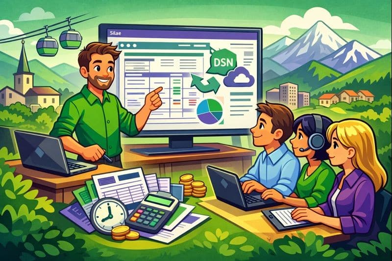 Formation Silae Isère (38) : illustration cartoon d’une session de formation à la paie sur le logiciel Silae avec un formateur et des professionnels en Isère