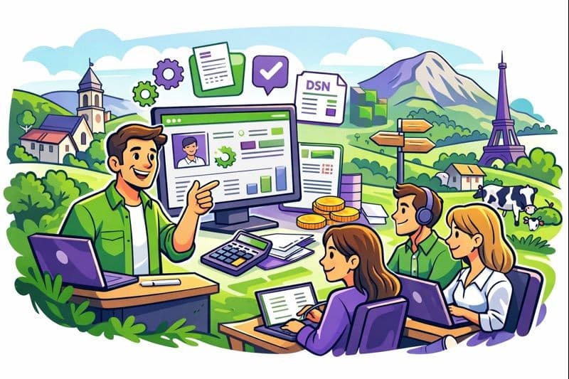 Illustration cartoon en vert et violet d’une formation Silae Jura (39) avec un formateur et des participants travaillant sur la paie sur ordinateur, dans un décor inspiré du Jura.