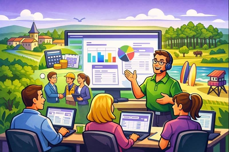 Formation Silae Landes (40) illustrée en style cartoon avec des professionnels de la paie utilisant un logiciel, dans une ambiance verte et violette.