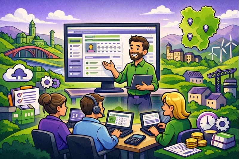 Formation Silae Loire (42) illustrée en mode cartoon avec formateur et professionnels de la paie utilisant un logiciel de paie dans un environnement local.