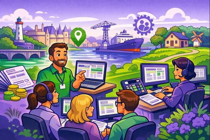 Illustration cartoon vert et violet d’une session de formation Silae Loire-Atlantique (44) avec formateur et apprenants sur logiciel de paie, décor inspiré de Nantes et Saint-Nazaire.