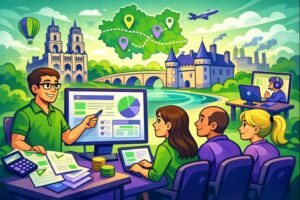 Illustration cartoon représentant une formation Silae Loiret (45) avec un formateur et des professionnels de la paie dans le département du Loiret
