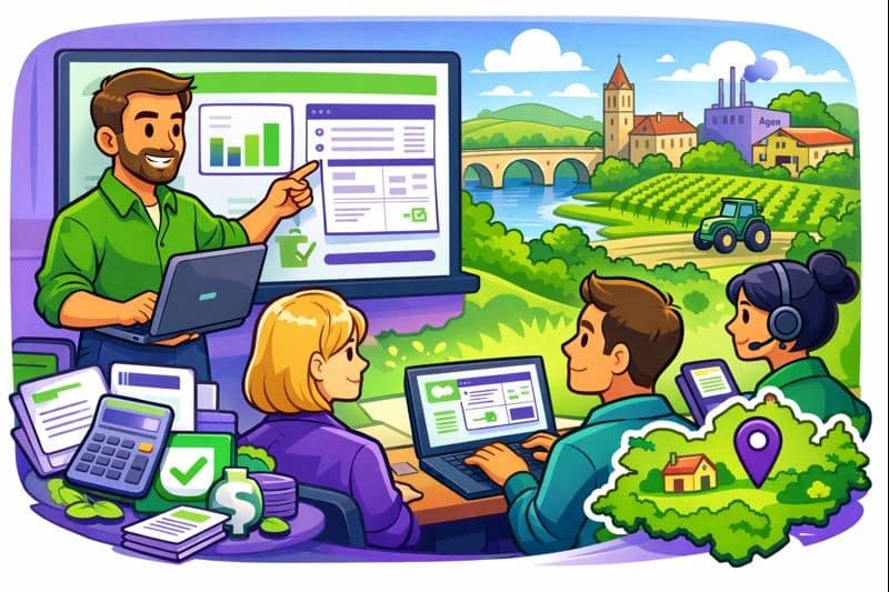 Illustration cartoon en vert et violet d’une formation Silae Lot-et-Garonne (47), avec un formateur et des participants sur ordinateur, sur fond de paysage local.