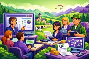Illustration cartoon en vert et violet d’une formation Silae Lozère (48) : formateur et apprenants en session paie sur ordinateur, avec un décor rural lozérien.