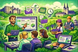 Illustration cartoon en vert et violet d’une formation Silae Maine-et-Loire (49) avec un expert paie et des éléments de gestion de paie
