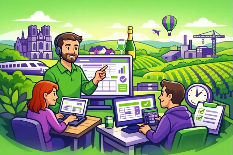 Illustration cartoon vert et violet représentant une formation Silae Marne (51) avec un univers paie/RH, ordinateur et documents administratifs.