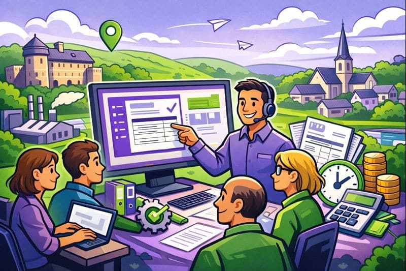 Formation Silae Mayenne (53) illustrée en style cartoon avec des professionnels de la paie en situation de formation sur un logiciel, dans un décor local.