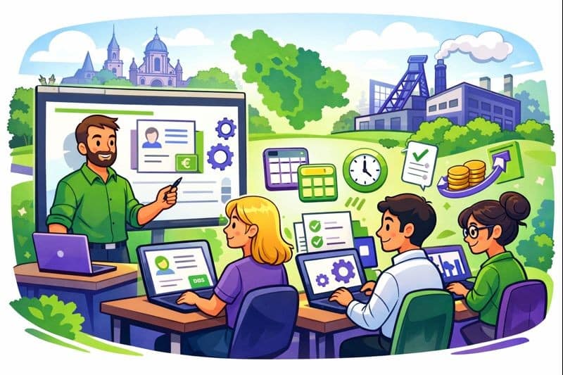 Illustration en style cartoon représentant une formation Silae Meurthe-et-Moselle (54), avec des professionnels de la paie utilisant le logiciel Silae dans un environnement moderne aux tons vert et violet.