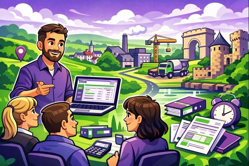 Illustration en style cartoon d’une formation Silae Meuse (55), montrant un formateur en paie accompagnant des professionnels RH et gestionnaires de paie dans un environnement local, aux couleurs vert et violet.