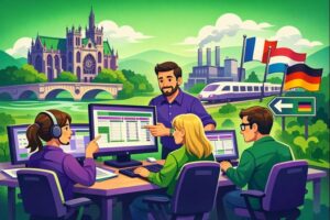 Formation Silae Moselle (57) illustrée par une scène cartoon de formation à la paie avec un formateur et des professionnels devant un logiciel de paie, dans un contexte transfrontalier.